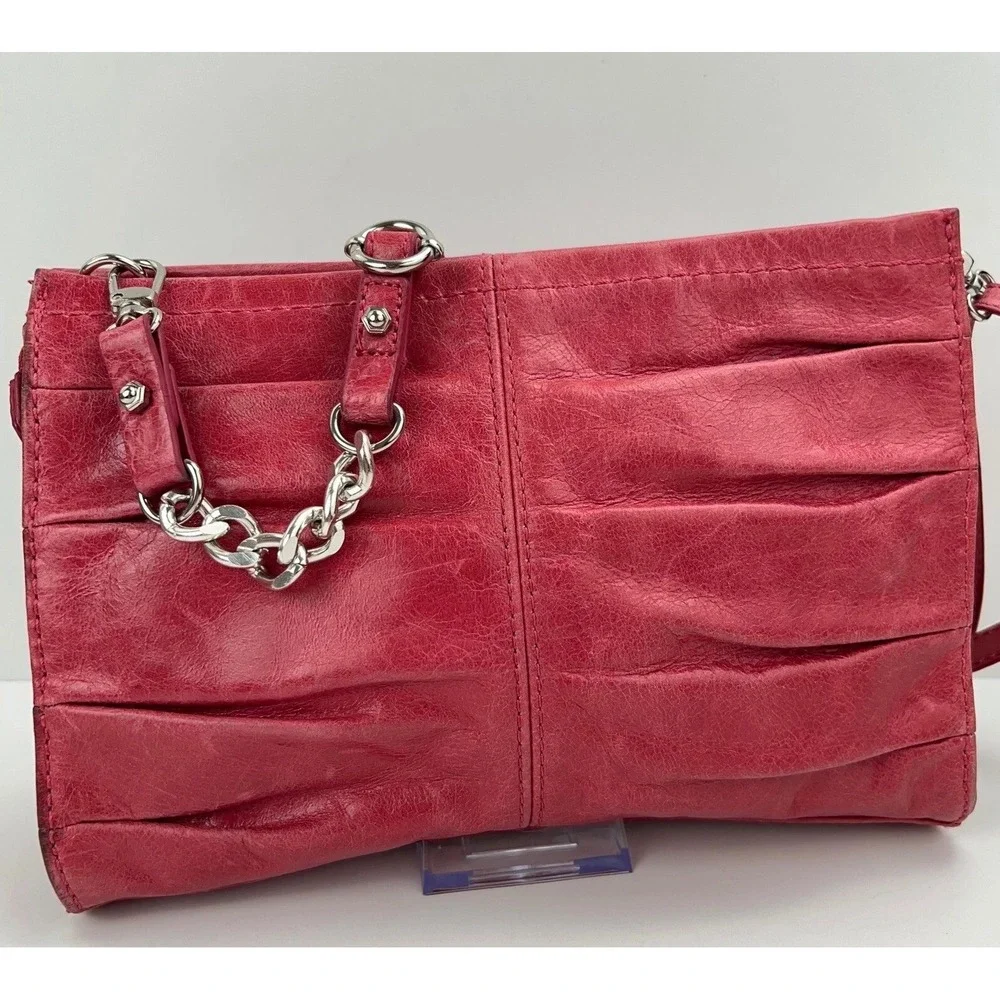 THE SAK Charleston Leather Demi Shoulder Clutch Pink Pleated Chain Handbag Purse